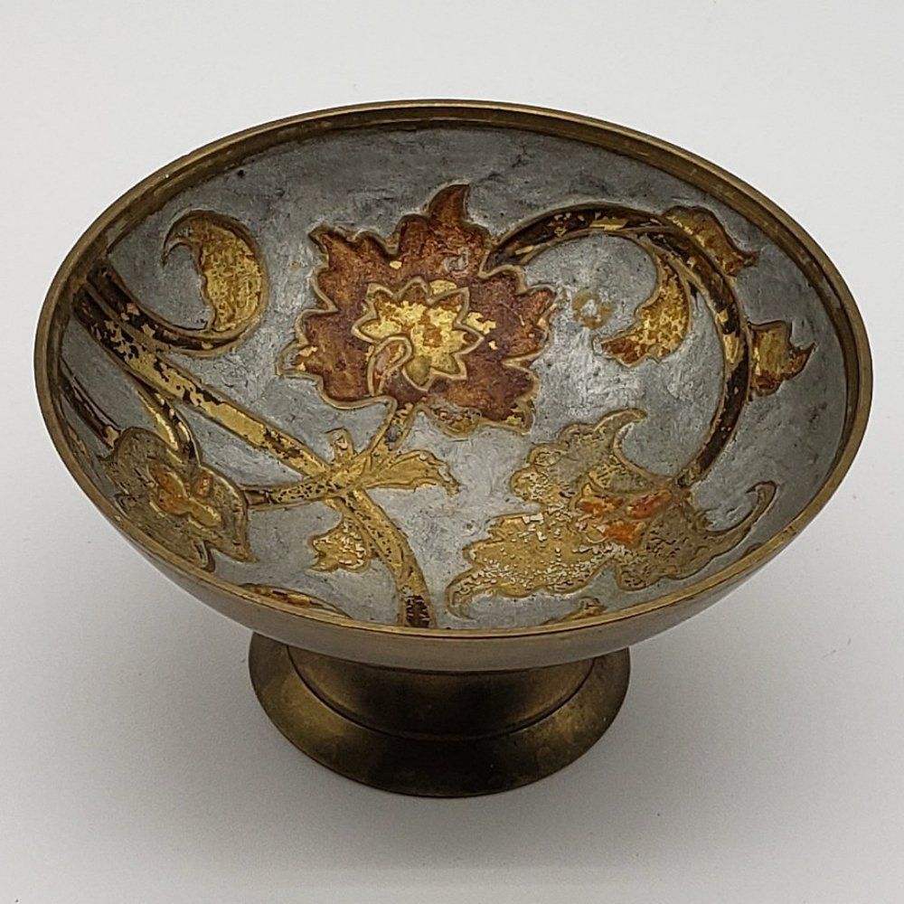 Small Vintage India Solid Brass Cloisonné Enameled Floral Pedestal Dish